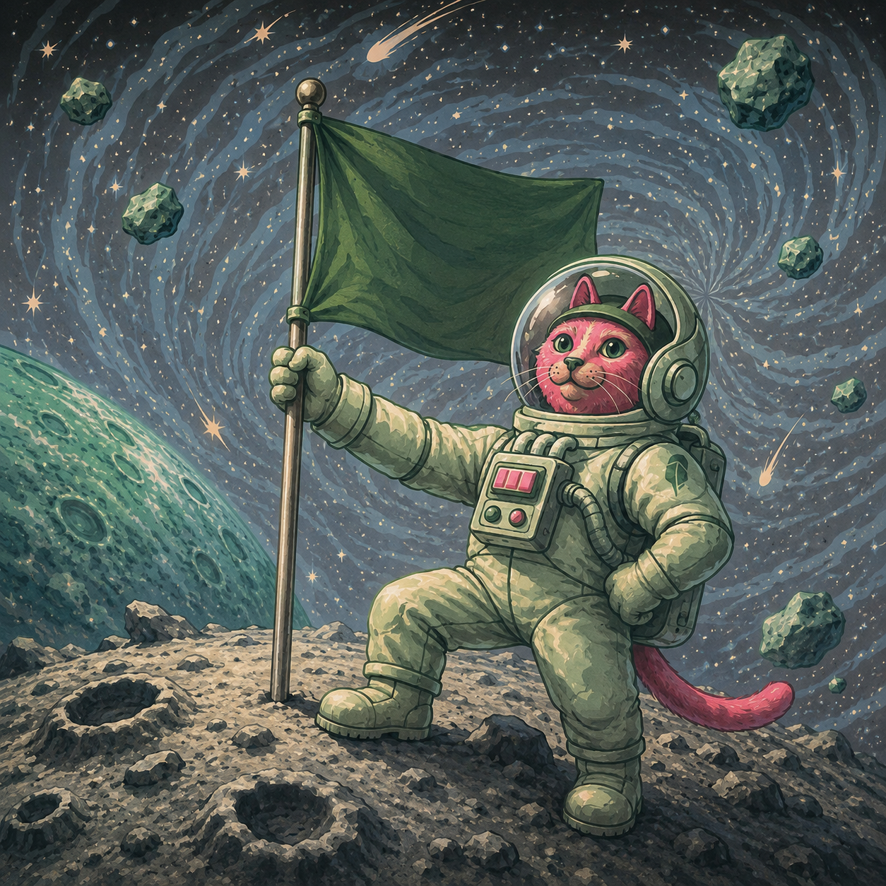 Meow 108 planting a flag on the moon